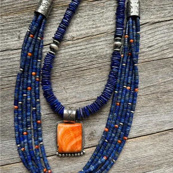 Sterling silver spiny oyster lapis necklace set
